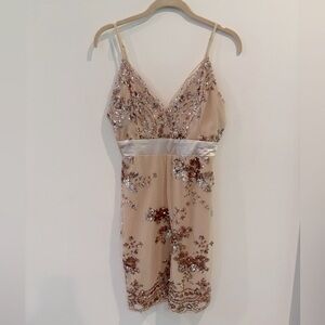 Elegant Sequin Embellished Dress - Cream and Brown